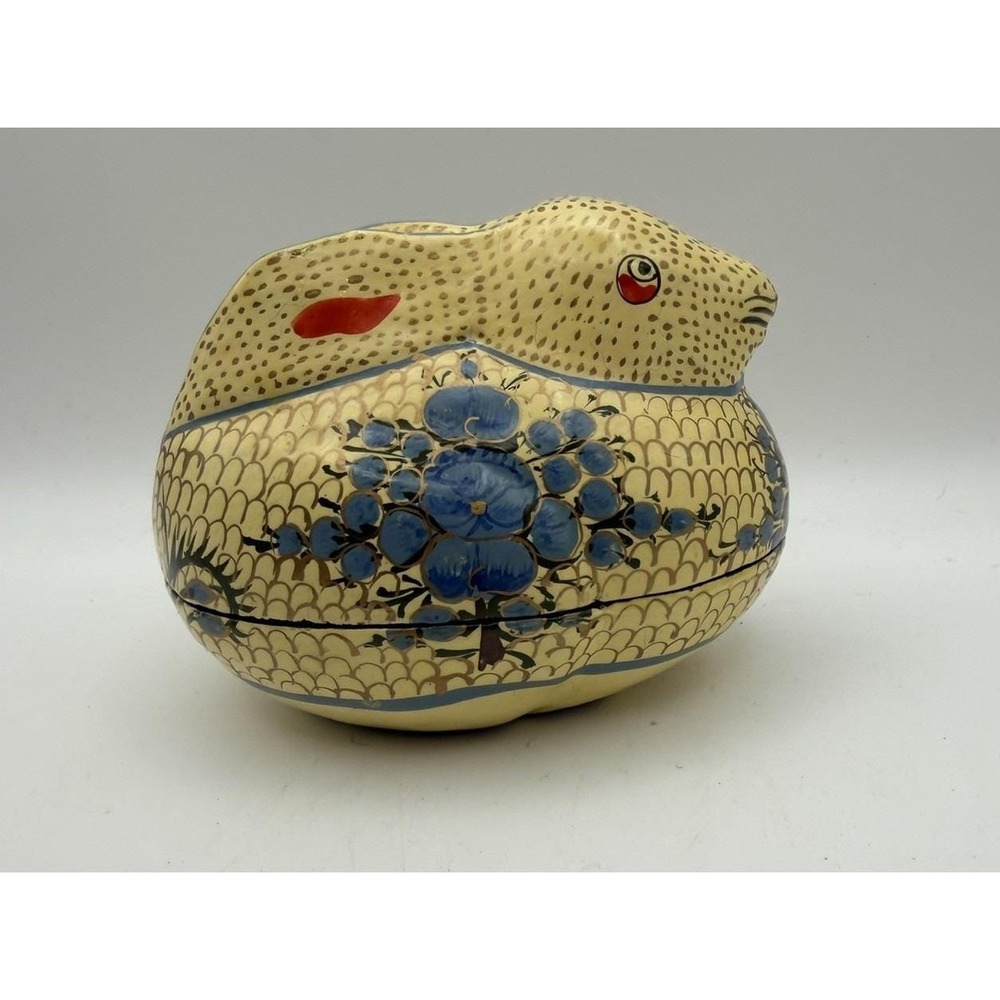 Vintage Paper Mache Bunny Rabbit Trinket Box Hand Painted Floral Easter Decor